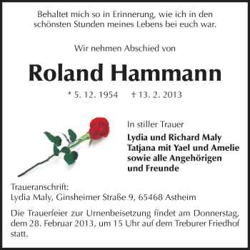 Traueranzeige von Roland Hammann von Rüsselsheimer Echo, Groß-Gerauer-Echo, Ried Echo