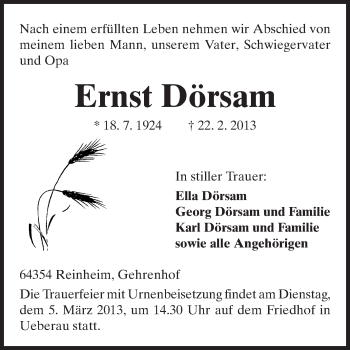 Traueranzeige von Ernst Dörsam von Darmstädter Echo, Odenwälder Echo, Rüsselsheimer Echo, Groß-Gerauer-Echo, Ried Echo
