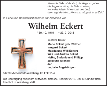 Traueranzeige von Wilhelm Eckert von Odenwälder Echo