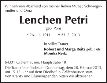 Traueranzeige von Lenchen Petri von Echo-Zeitungen (Gesamtausgabe)