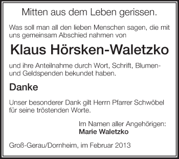 Traueranzeige von Klaus Hörsken-Waletzko von Rüsselsheimer Echo, Groß-Gerauer-Echo, Ried Echo