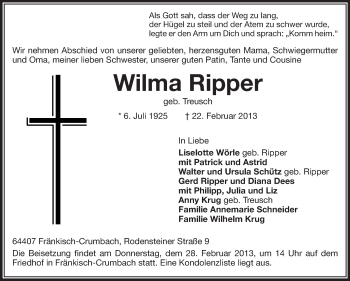 Traueranzeige von Wilma Ripper von Odenwälder Echo