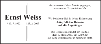 Traueranzeige von Ernst Weiss von Rüsselsheimer Echo, Groß-Gerauer-Echo, Ried Echo