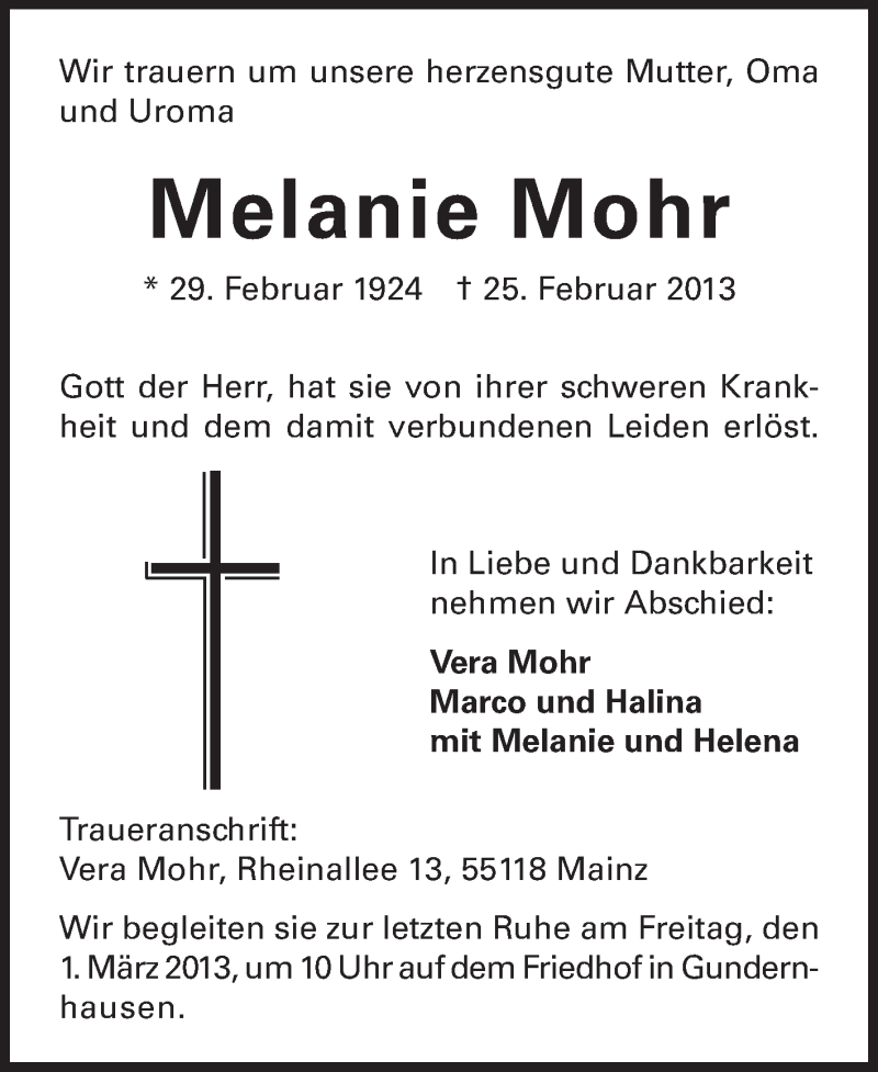  Traueranzeige für Melanie Mohr vom 27.02.2013 aus Echo-Zeitungen (Gesamtausgabe)
