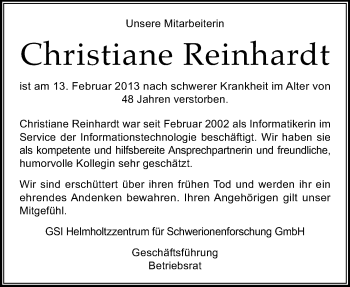 Traueranzeige von Christiane Reinhardt von Echo-Zeitungen (Gesamtausgabe)
