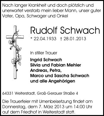 Traueranzeige von Rudolf Schwach von Echo-Zeitungen (Gesamtausgabe)