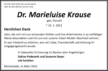 Traueranzeige von Marieluise Krause von Odenwälder Echo