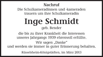 Traueranzeige von Inge Schmidt von Rüsselsheimer Echo, Groß-Gerauer-Echo, Ried Echo