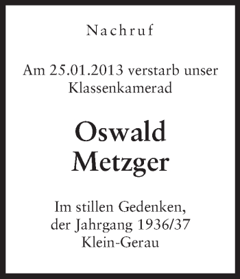 Traueranzeige von Oswald Metzger von Rüsselsheimer Echo, Groß-Gerauer-Echo, Ried Echo