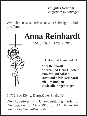 Traueranzeige von Anna Reinhardt von Odenwälder Echo