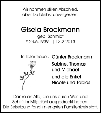 Traueranzeige von Gisela Brockmann von Rüsselsheimer Echo, Groß-Gerauer-Echo, Ried Echo