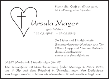 Traueranzeige von Ursula Mayer von Echo-Zeitungen (Gesamtausgabe)