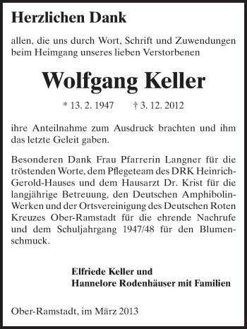Traueranzeige von Wolfgang Keller von Echo-Zeitungen (Gesamtausgabe)