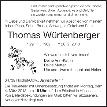 Traueranzeige von Thomas Würtenberger von Odenwälder Echo