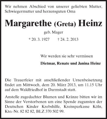 Traueranzeige von Margarethe Heinz von Echo-Zeitungen (Gesamtausgabe)