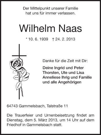 Traueranzeige von Wilhelm Naas von Odenwälder Echo