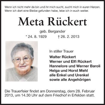 Traueranzeige von Meta Rückert von Rüsselsheimer Echo, Groß-Gerauer-Echo, Ried Echo