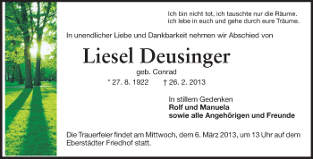 Traueranzeige von Liesel Deusinger von Echo-Zeitungen (Gesamtausgabe)