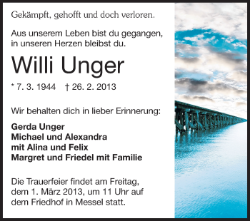 Traueranzeige von Willi Unger von Echo-Zeitungen (Gesamtausgabe)