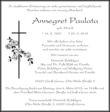 Traueranzeige von Annegret Paulata von Rüsselsheimer Echo, Groß-Gerauer-Echo, Ried Echo