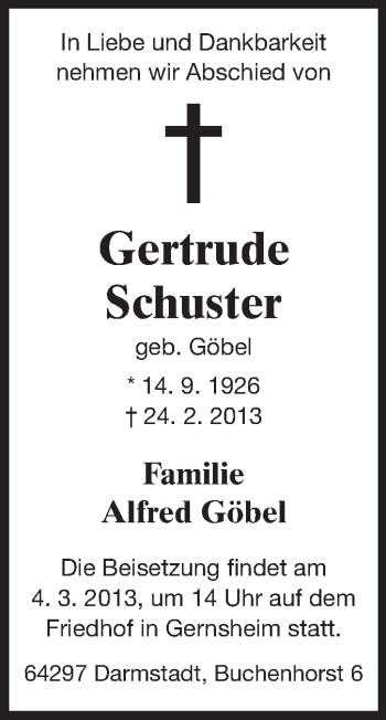 Traueranzeige von Gertrude Schuster von Echo-Zeitungen (Gesamtausgabe)