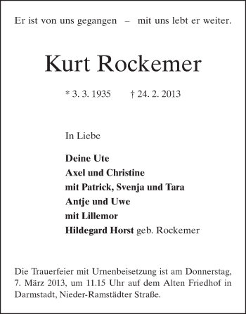 Traueranzeige von Kurt Rockemer von Echo-Zeitungen (Gesamtausgabe)