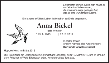Traueranzeige von Anna Bickel von Starkenburger Echo