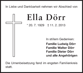 Traueranzeige von Ella Dörr von Rüsselsheimer Echo, Groß-Gerauer-Echo, Ried Echo