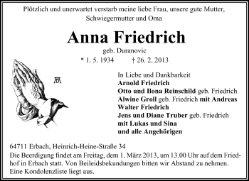 Traueranzeige von Anna Friedrich von Odenwälder Echo