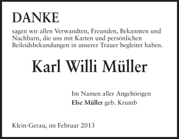 Traueranzeige von Karl  Willi Müller von Rüsselsheimer Echo, Groß-Gerauer-Echo, Ried Echo