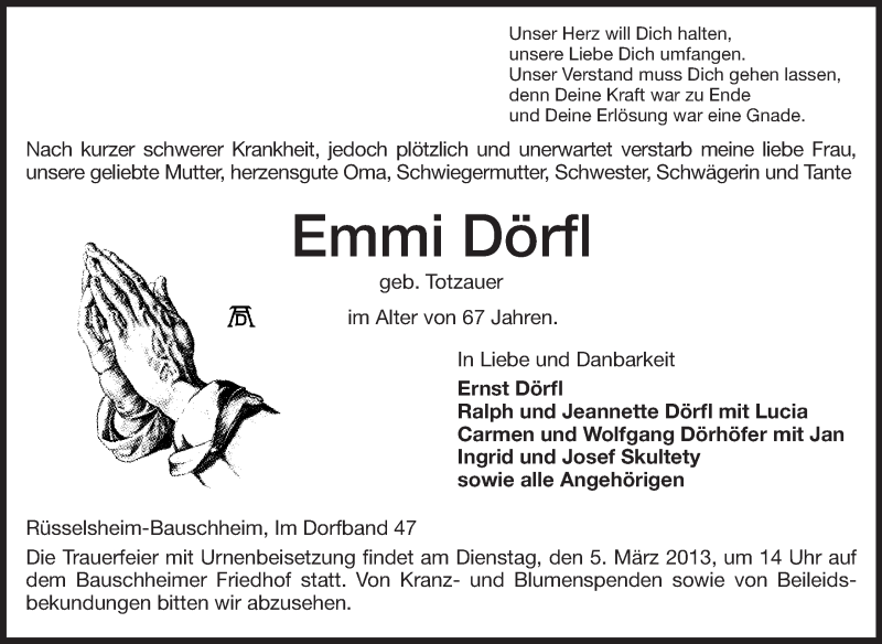  Traueranzeige für Emmi Dörfl vom 01.03.2013 aus Rüsselsheimer Echo, Groß-Gerauer-Echo, Ried Echo