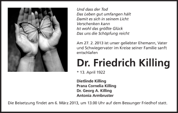 Traueranzeige von Friedrich Killing von Echo-Zeitungen (Gesamtausgabe)