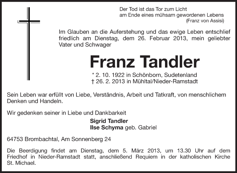  Traueranzeige für Franz Tandler vom 02.03.2013 aus Echo-Zeitungen (Gesamtausgabe)