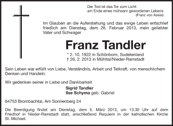 Traueranzeige von Franz Tandler von Echo-Zeitungen (Gesamtausgabe)
