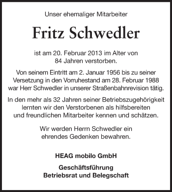 Traueranzeige von Fritz Schwedler von Echo-Zeitungen (Gesamtausgabe)