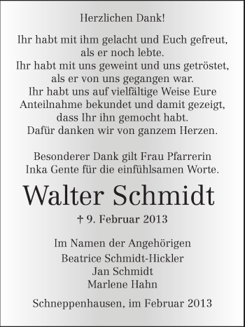 Traueranzeige von Walter Schmidt  von Echo-Zeitungen (Gesamtausgabe)