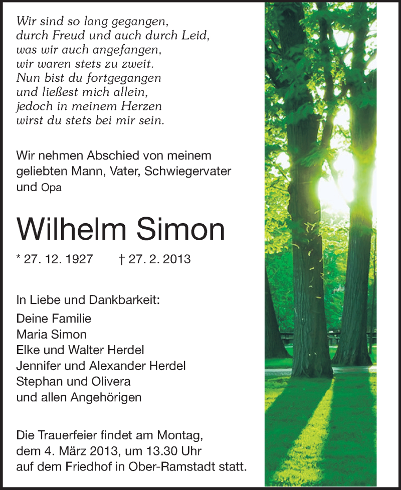  Traueranzeige für Wilhelm Simon vom 02.03.2013 aus Darmstädter Echo, Odenwälder Echo, Rüsselsheimer Echo, Groß-Gerauer-Echo, Ried Echo