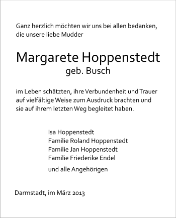 Traueranzeige von Margarete Hoppenstedt von Echo-Zeitungen (Gesamtausgabe)