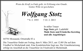 Traueranzeige von Wolfgang Stotz von Odenwälder Echo