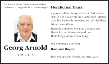 Traueranzeige von Georg Arnold von Echo-Zeitungen (Gesamtausgabe)