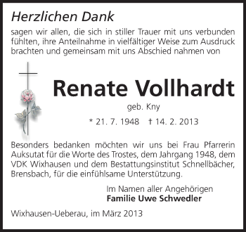 Traueranzeige von Renate Vollhardt von Echo-Zeitungen (Gesamtausgabe)