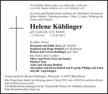 Traueranzeige von Helene Kühlinger von Rüsselsheimer Echo, Groß-Gerauer-Echo, Ried Echo