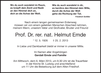 Traueranzeige von Helmut Emde von Echo-Zeitungen (Gesamtausgabe)