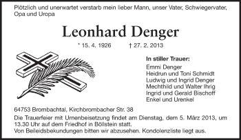 Traueranzeige von Leonhard Denger von Odenwälder Echo