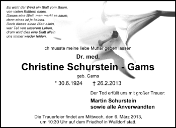 Traueranzeige von Christine Schurstein-Gams von Rüsselsheimer Echo, Groß-Gerauer-Echo, Ried Echo