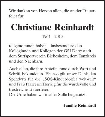 Traueranzeige von Christiane Reinhardt von Echo-Zeitungen (Gesamtausgabe)