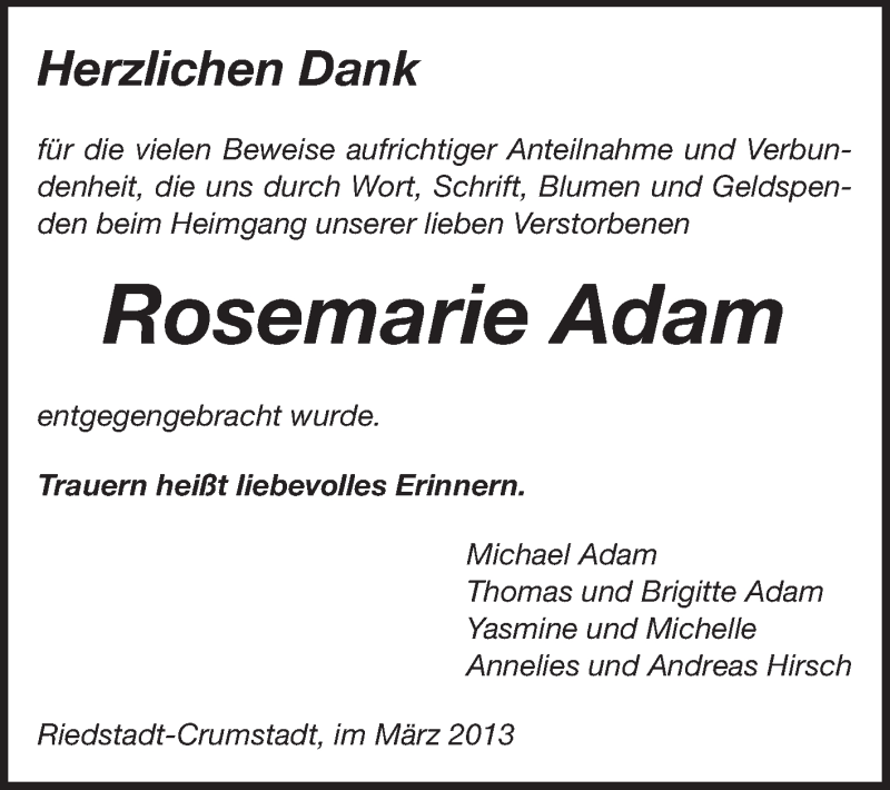  Traueranzeige für Rosemarie Adam vom 02.03.2013 aus Darmstädter Echo, Odenwälder Echo, Rüsselsheimer Echo, Groß-Gerauer-Echo, Ried Echo