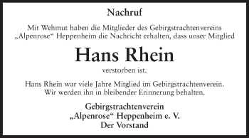 Traueranzeige von Hans Rhein von Starkenburger Echo