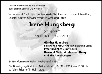 Traueranzeige von Irene Hungsberg von Echo-Zeitungen (Gesamtausgabe)