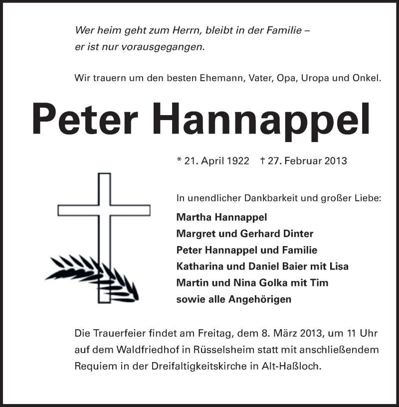  Traueranzeige für Peter Hannappel vom 04.03.2013 aus Rüsselsheimer Echo, Groß-Gerauer-Echo, Ried Echo